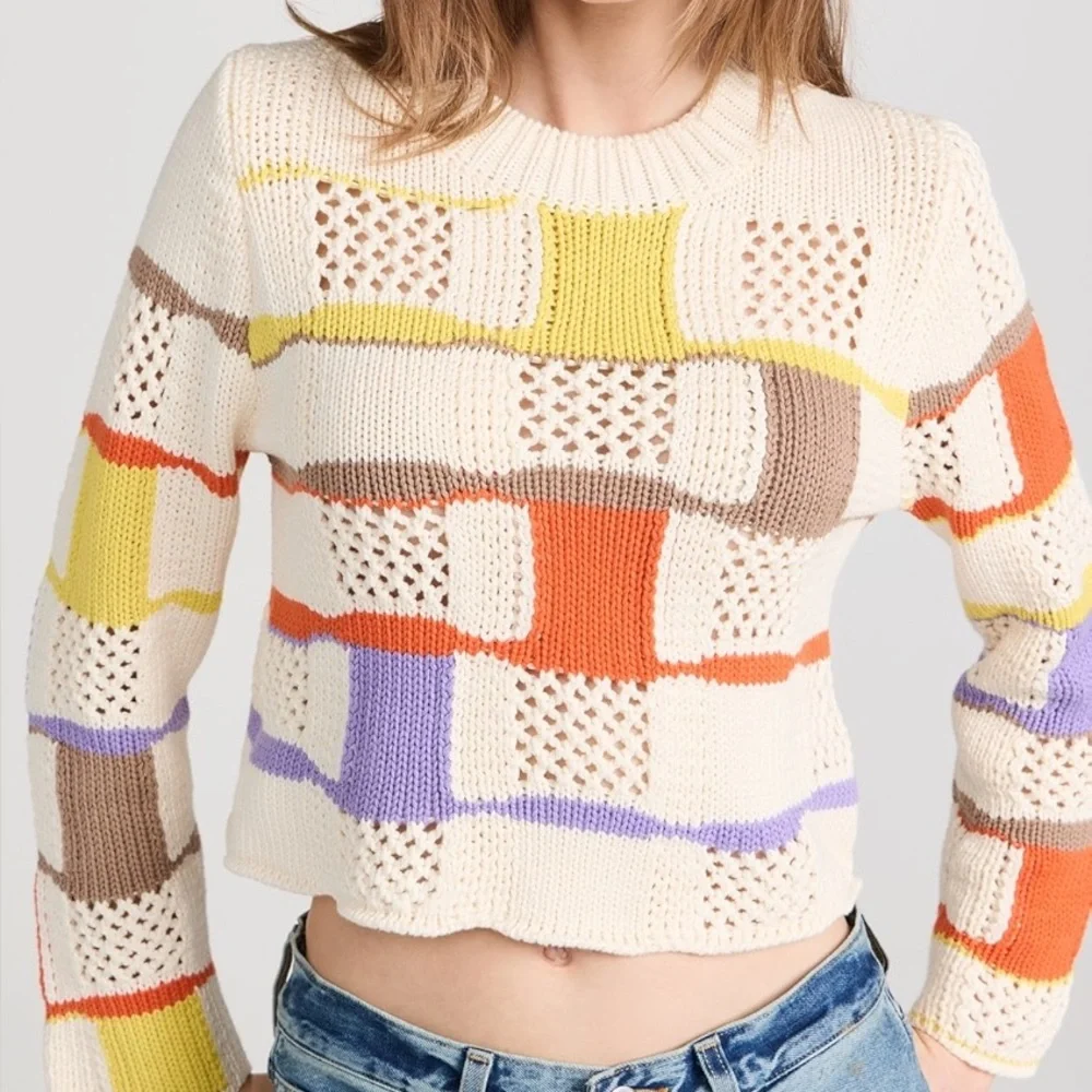 Line & Dot Adored Crochet Patchwork Open Knit Cropped Sweater Small - Picture 2 of 10
